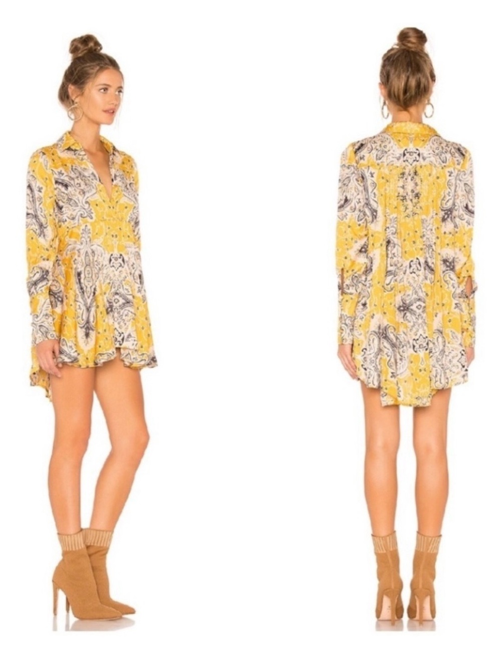 Free People Yellow Paisley Button-Down Casual Shirt